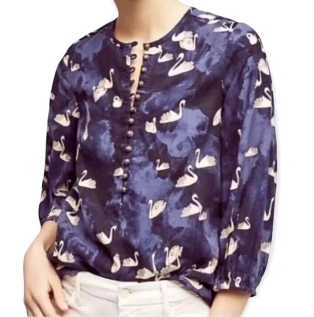 Anthropologie Maeve Bethesda Swan Print Flannel Shirt Size S Whimsical Arty Boho